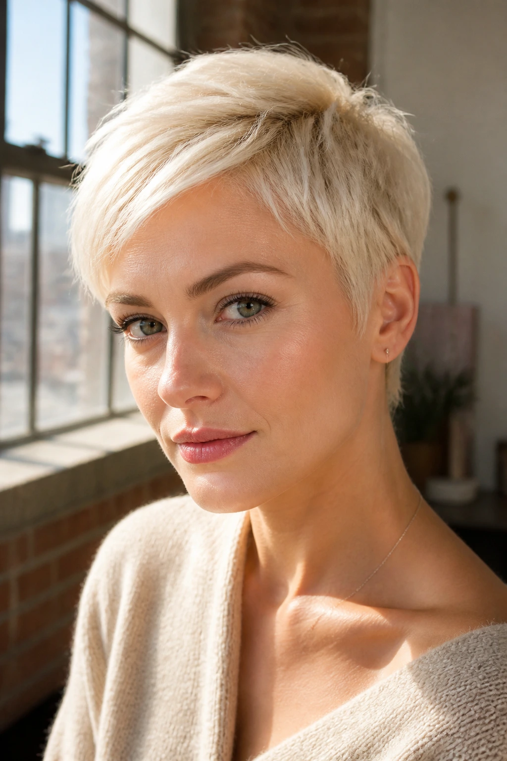 Close-up of real woman with creamy blonde pixie cut