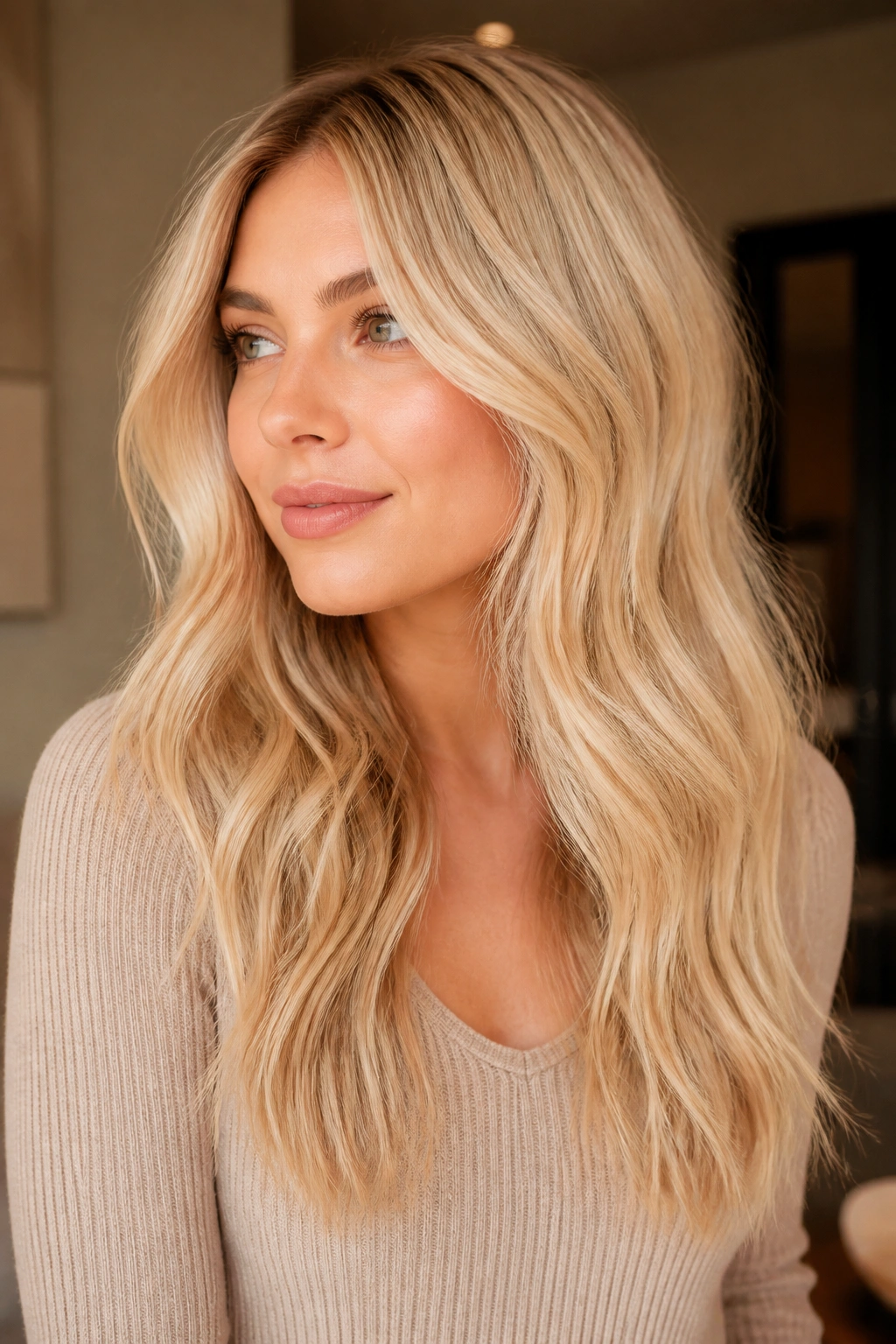 Close-up portrait of a real person with creamy butter blonde hair in warm light