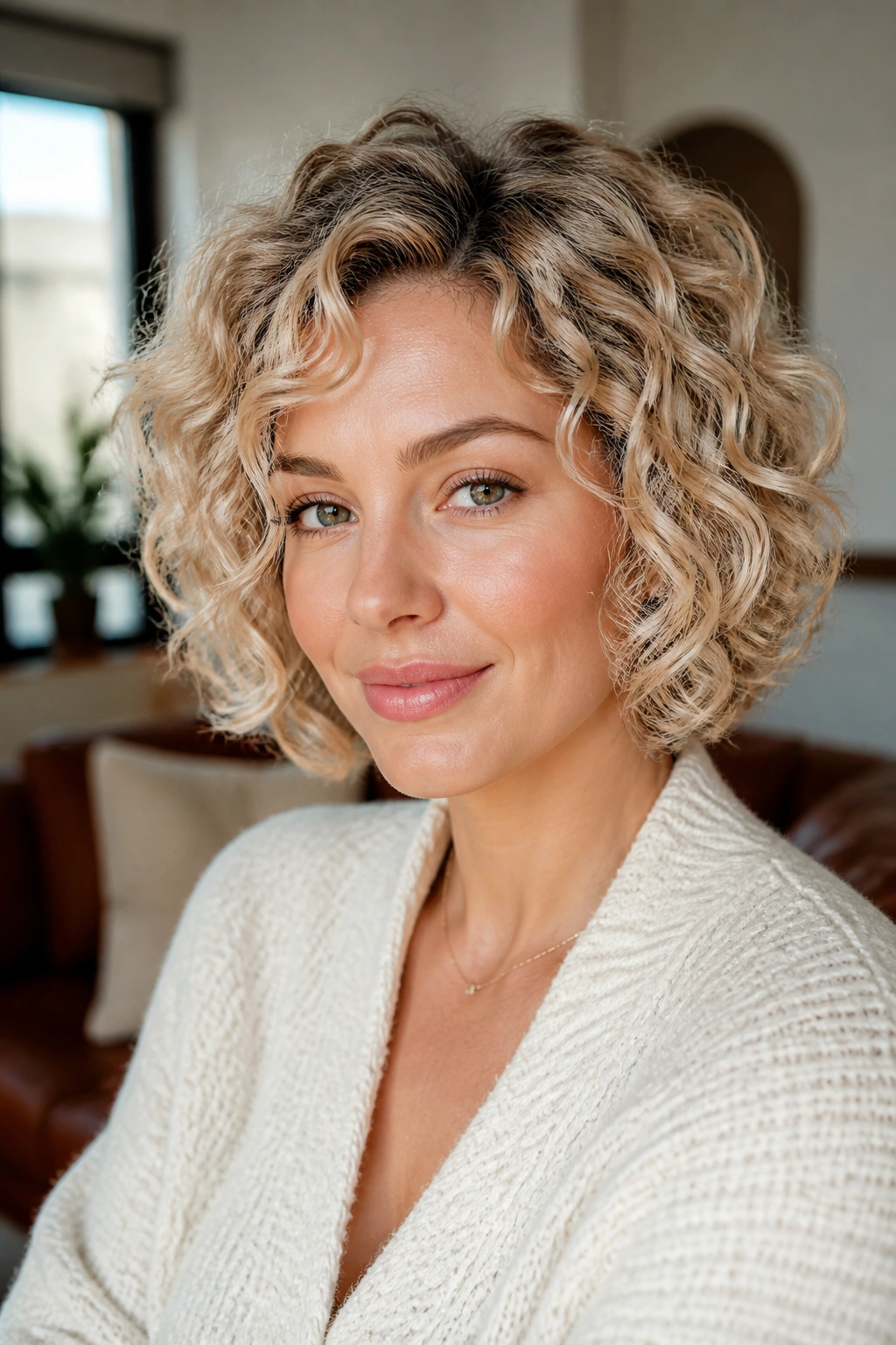 Close-up of a creamy beige curly bob with defined curls.