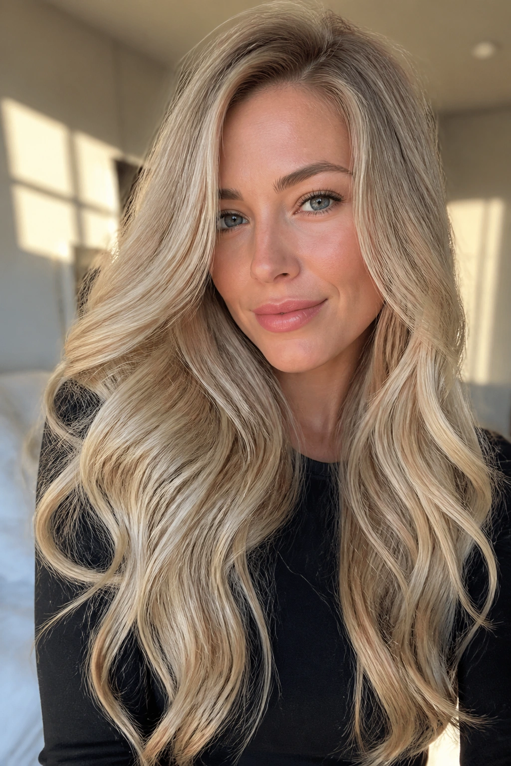 Close-up portrait of a real woman with long, creamy oat blonde hair in soft waves