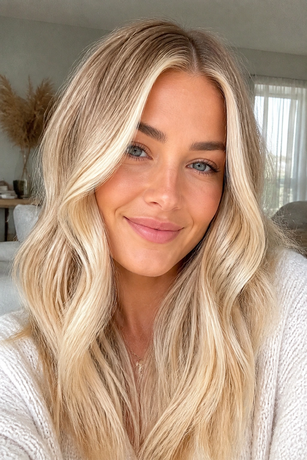 Close-up of a real woman with creamy vanilla blonde and face-framing pieces in soft window light