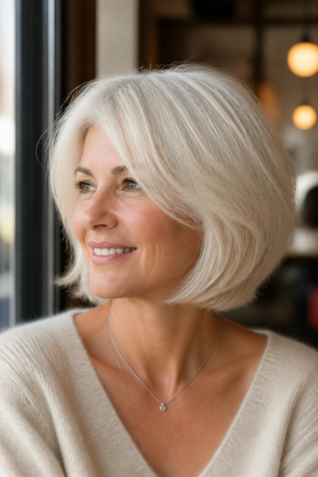 Close-up of a real woman with a creamy white bob and feathered ends