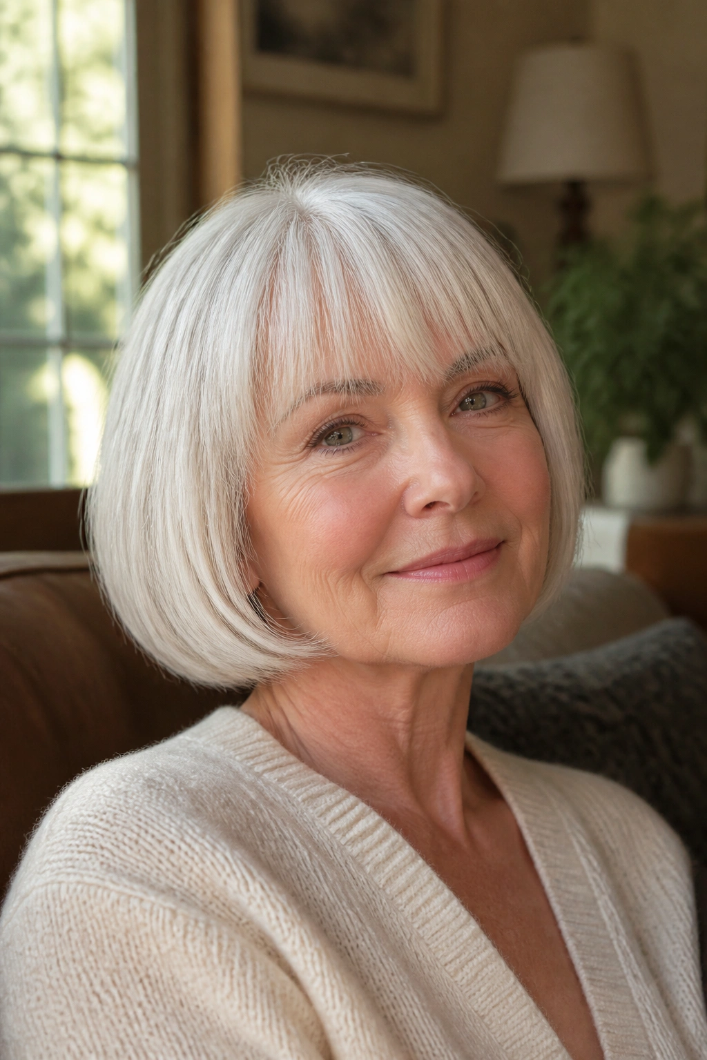 Close-up portrait of a real person with a creamy white pageboy hairstyle