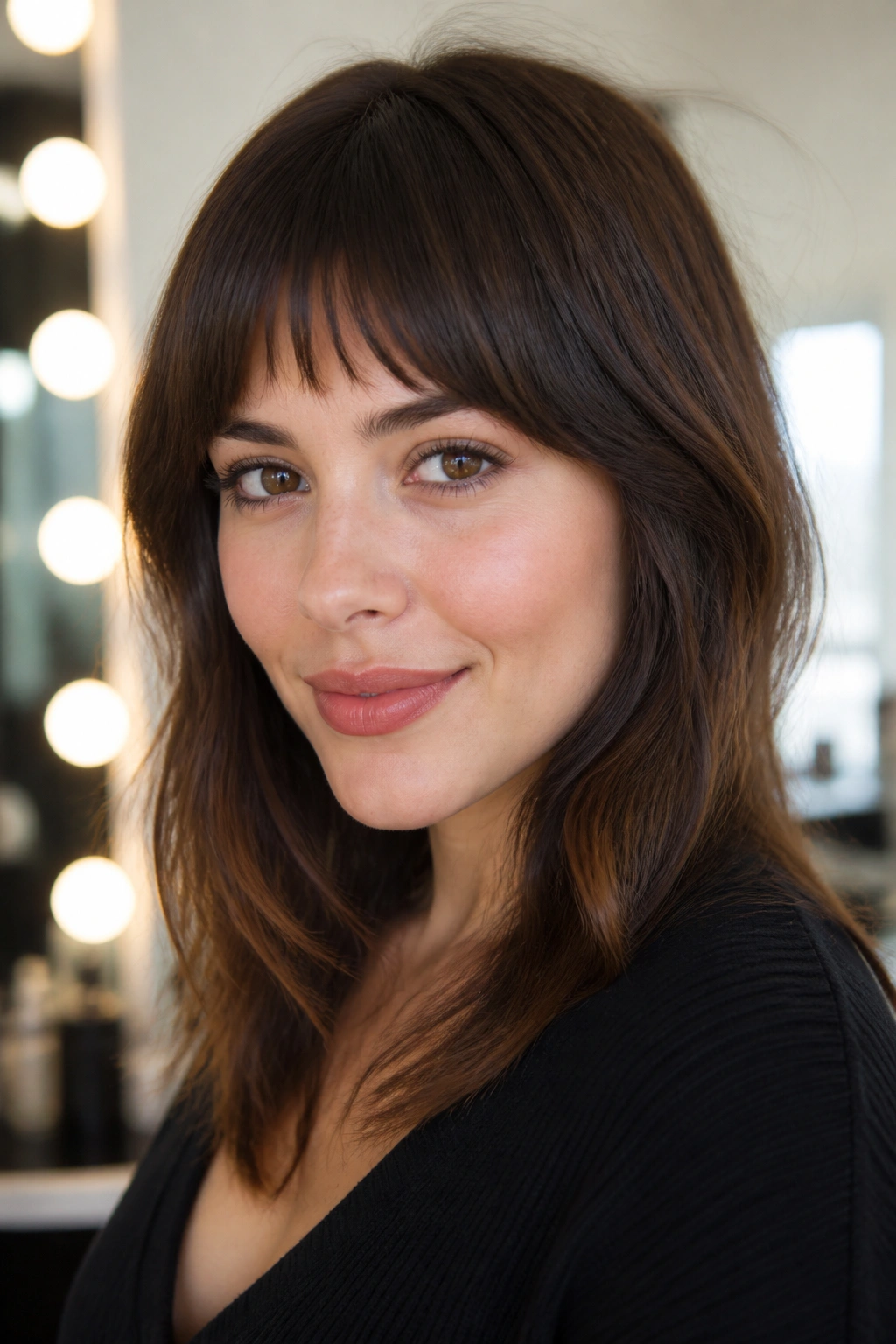 Close-up portrait of a real woman with crescent fringe curved shorter in the middle.