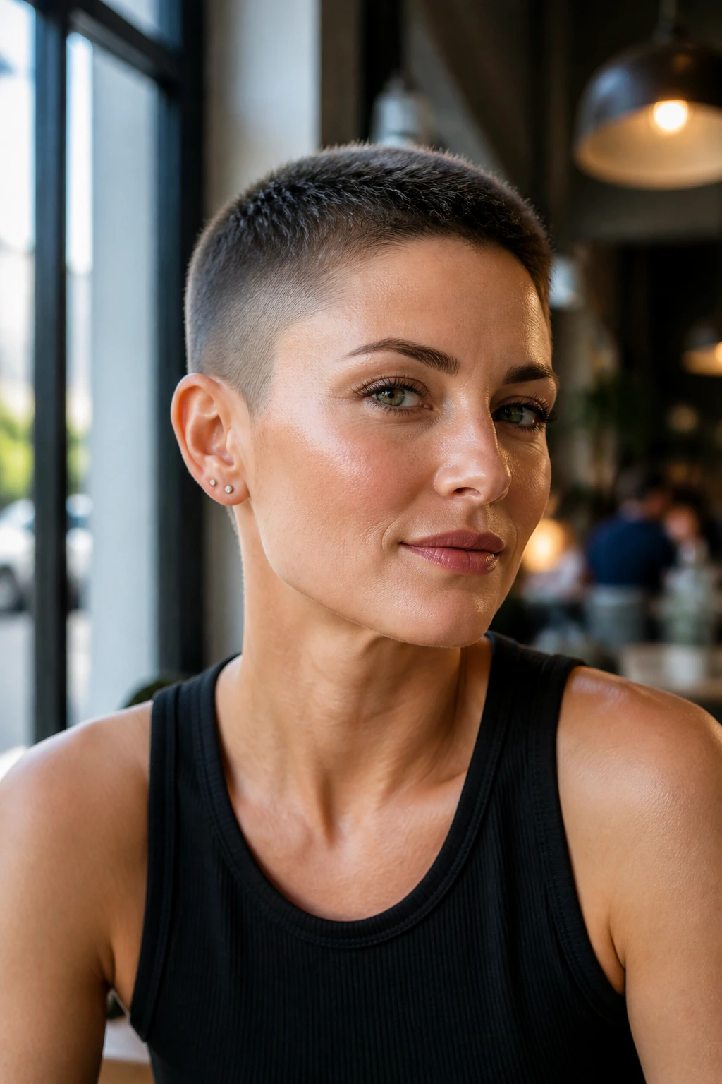Close-up of a woman with a neat crew cut.