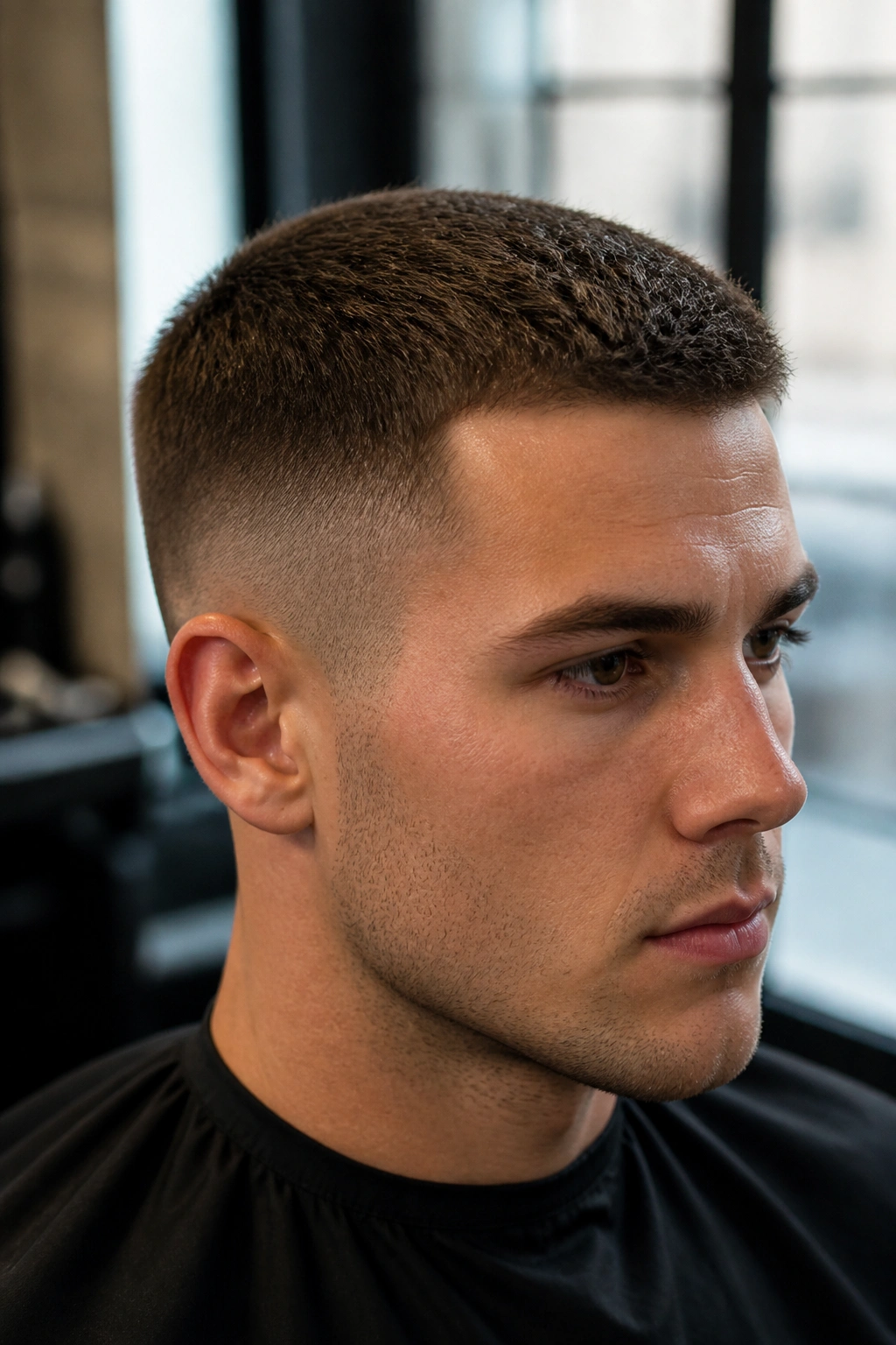 Close-up of real man with crew cut and tapered sides in barbershop light