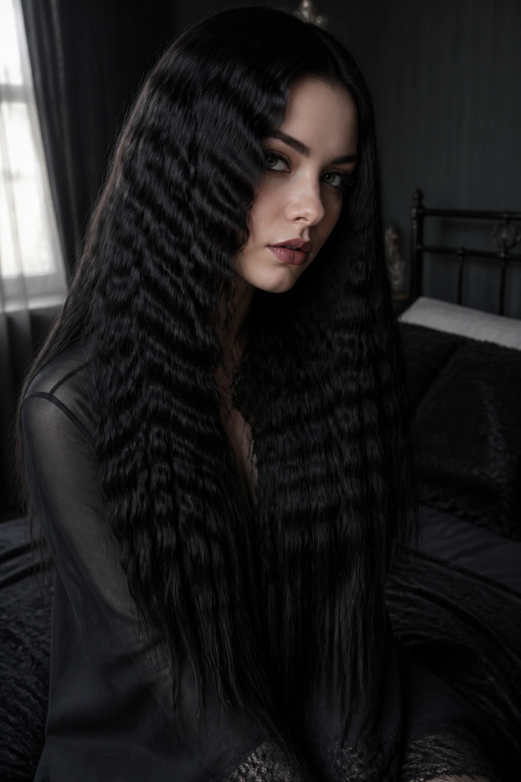 Close-up of woman with crimped midnight lengths and straight tail
