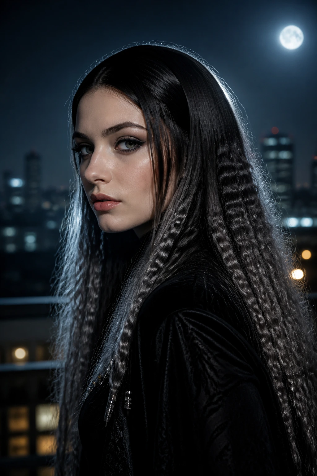 Close-up of a real person with crimped lower hair on a moonlit night