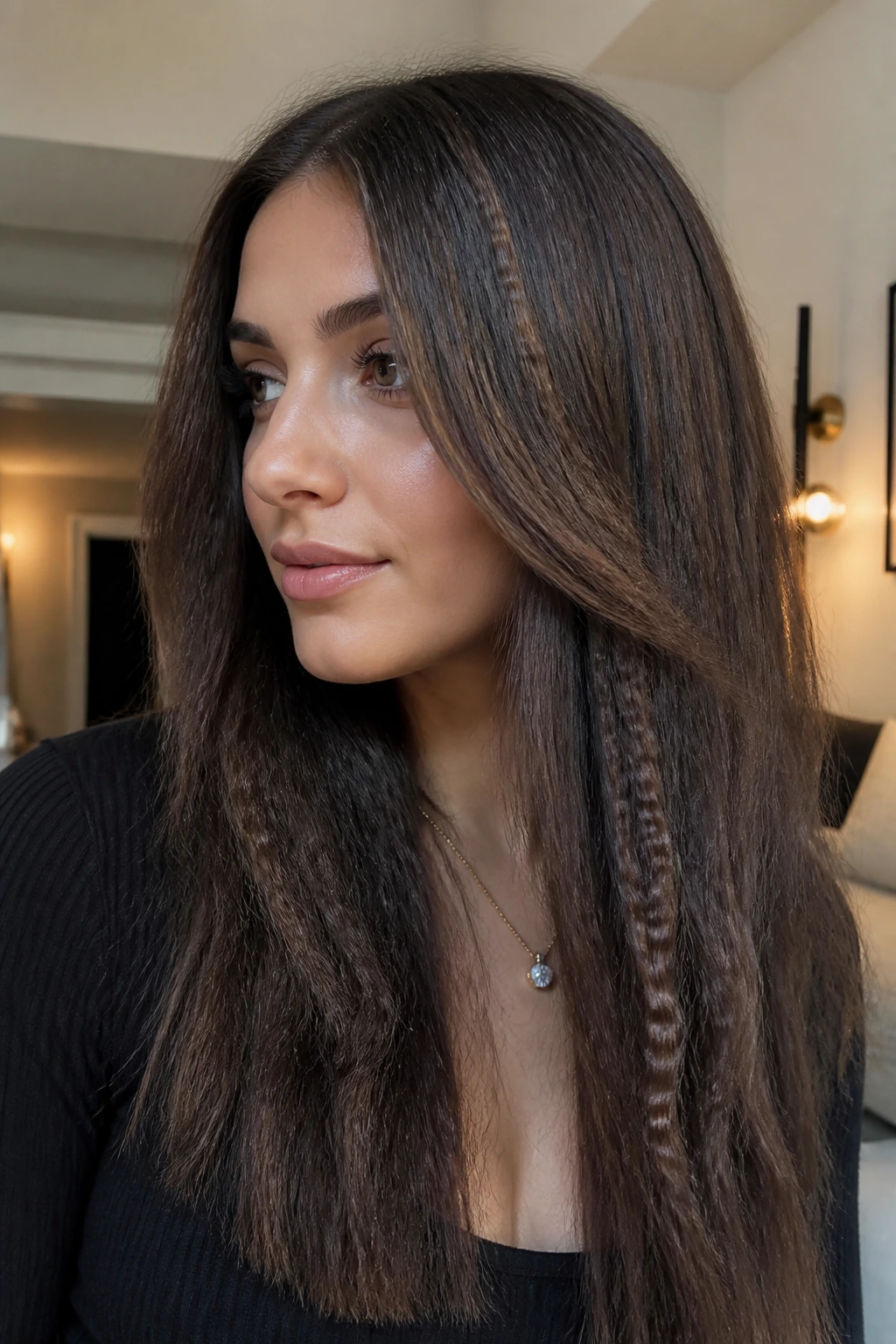Close-up of a real woman's mid-length crimped sections with shine