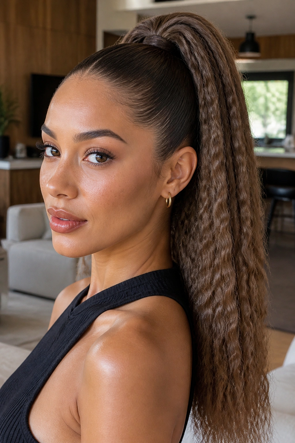 Close-up of a woman with crimped high ponytail and smooth crown