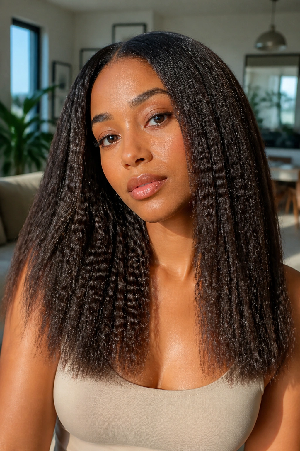 Crimped texture on long thick hair with shine finish