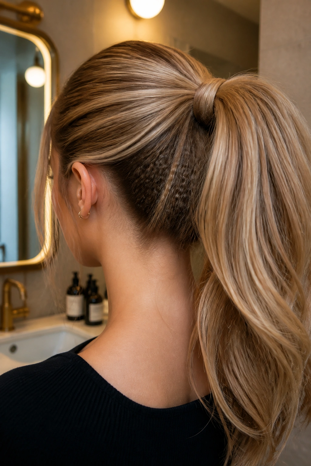 Back view of a real woman with an underlayer crimped ponytail
