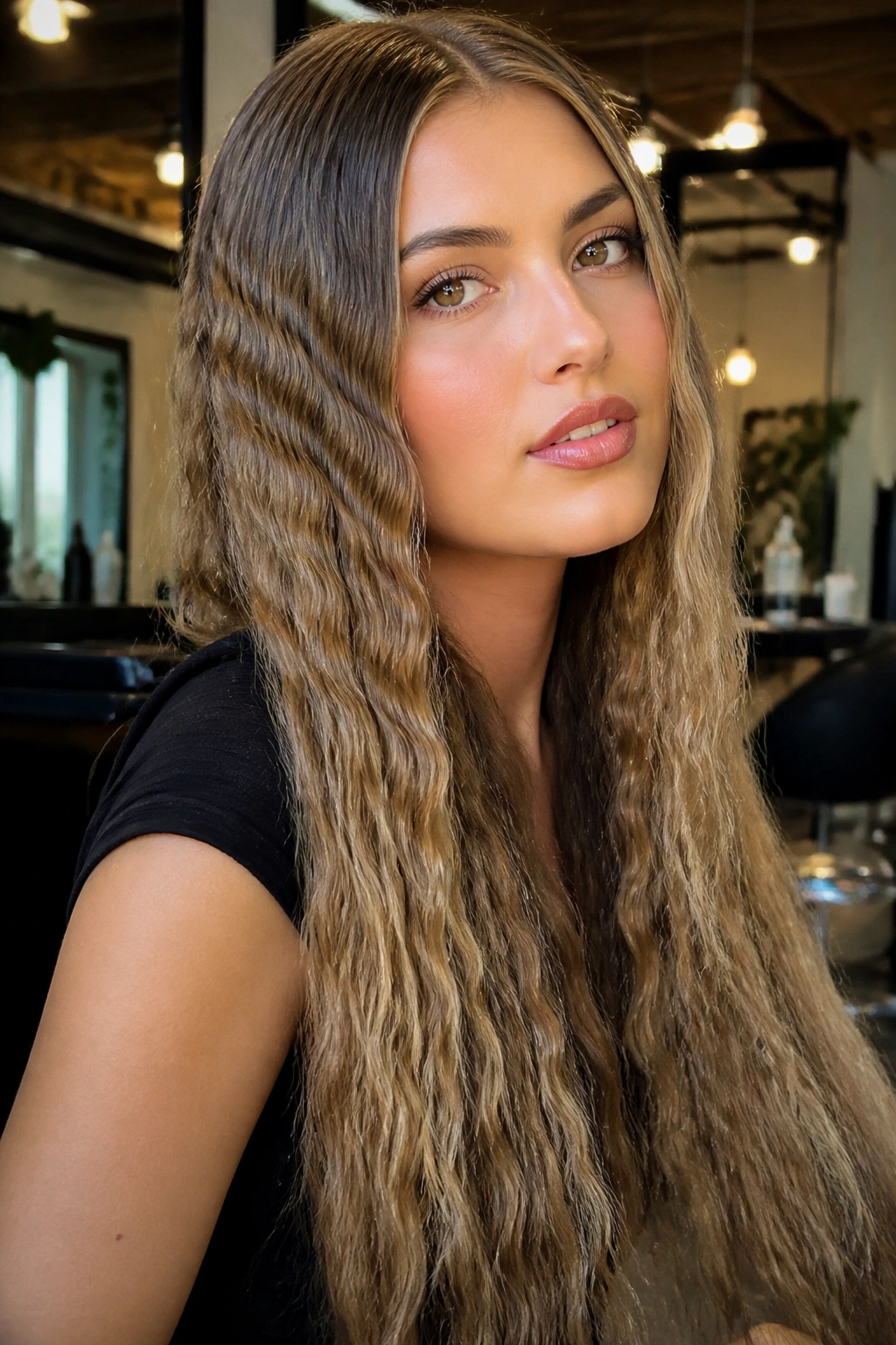 Close-up of a real person with crimped mermaid waves on long hair, top section smooth.