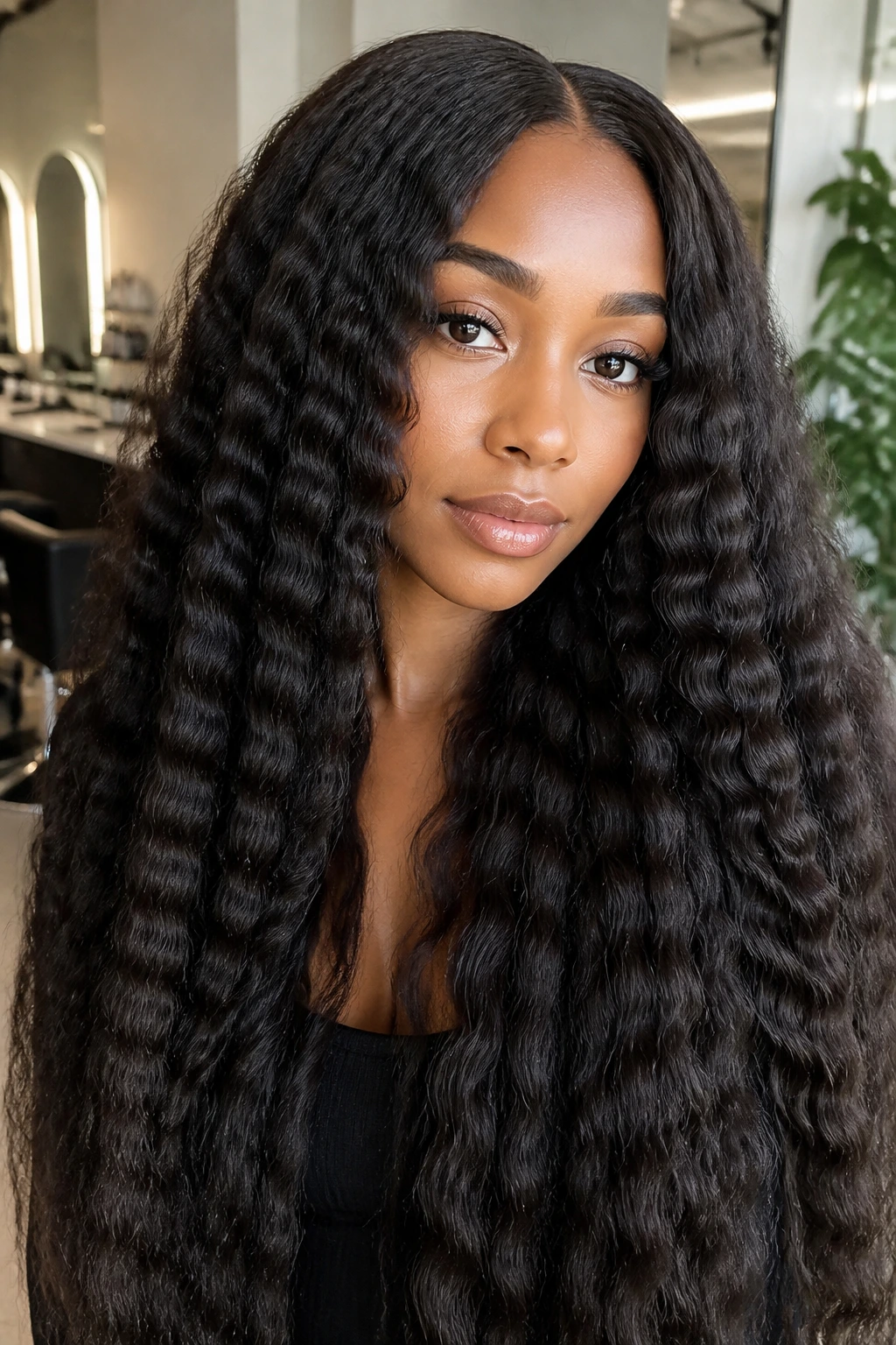 Close-up of a real woman with crimped mermaid waves on long relaxed hair in a bright salon