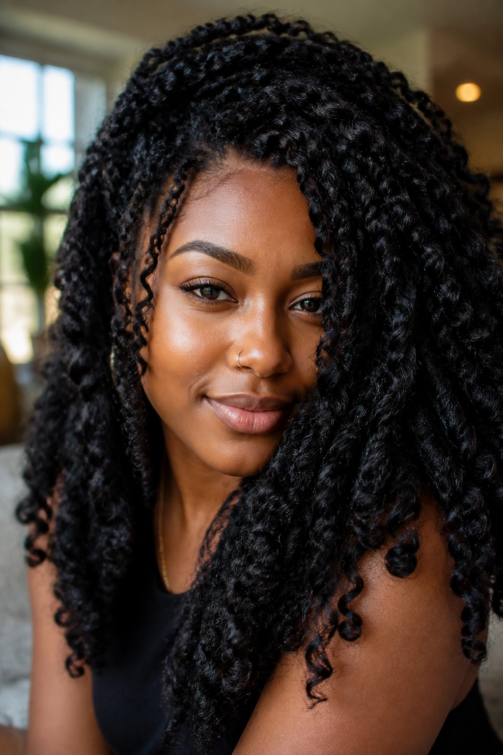 Close-up portrait of a real person with voluminous crinkle curls from twists