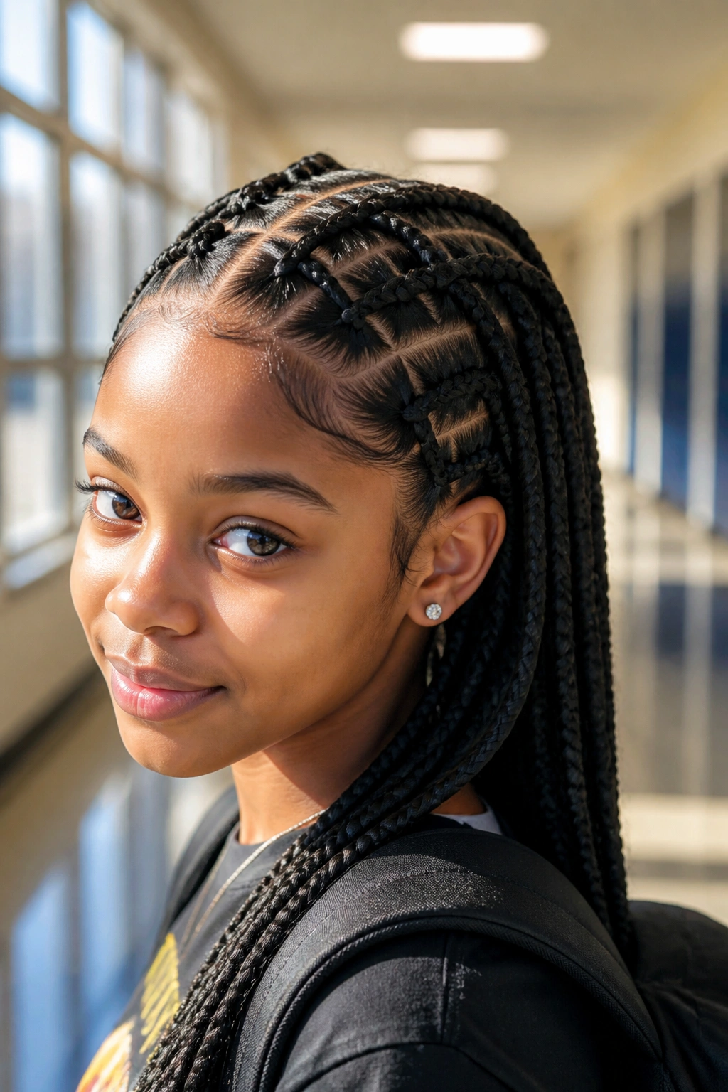 Close-up of a girl with four front criss-cross braids in a school hallway
