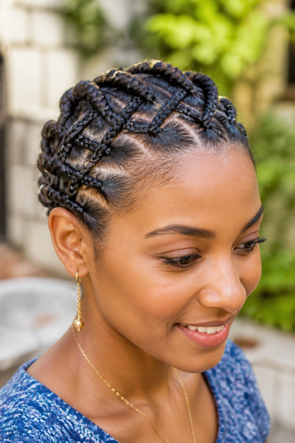 Close-up of a real person with criss-cross crown braids on the crown