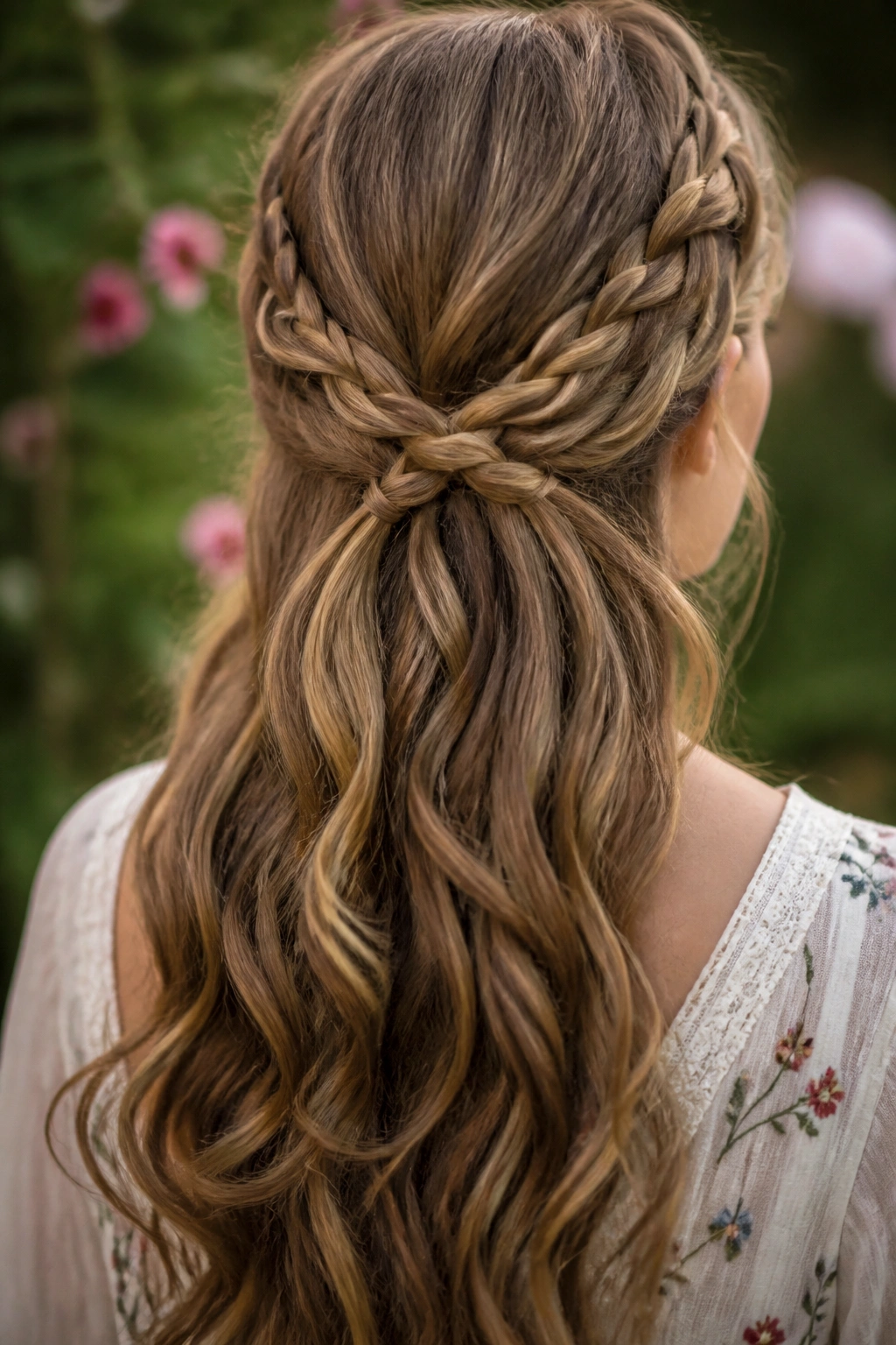 Close-up of a real woman with criss-cross half-up braid and soft waves