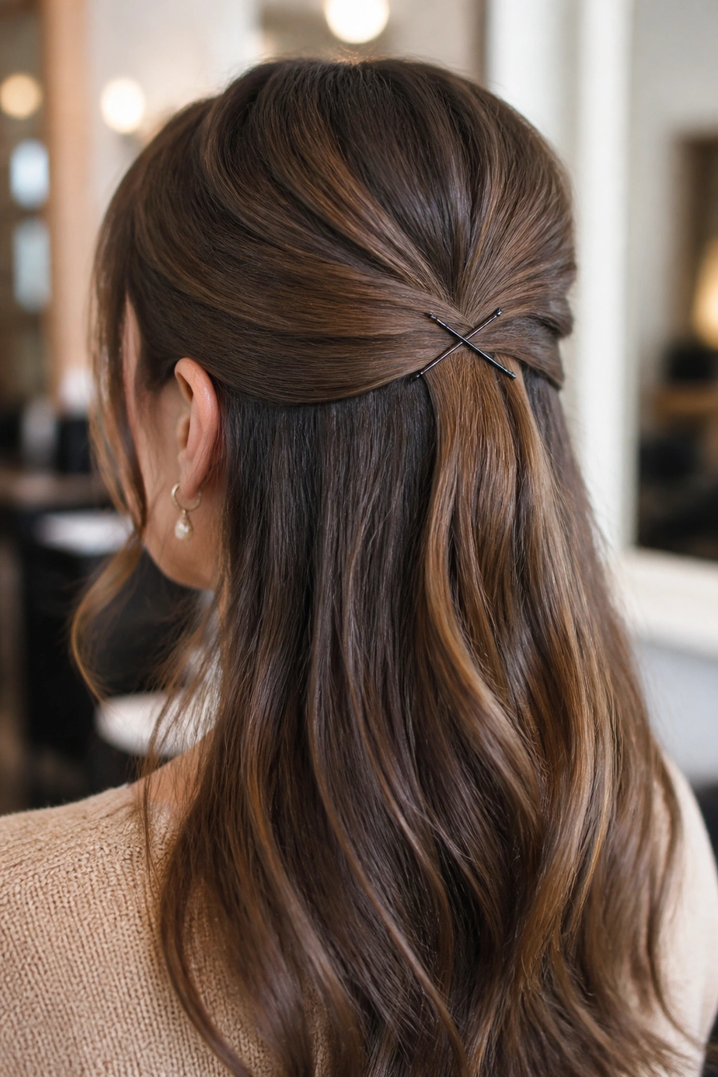 Real woman with criss-cross pin-back half up hairstyle in salon setting