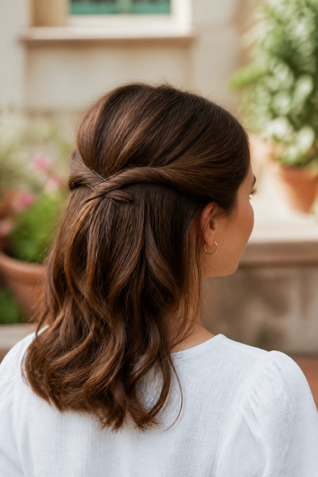 Real woman with Criss-Cross Pinned Half-Up hairstyle outdoors.