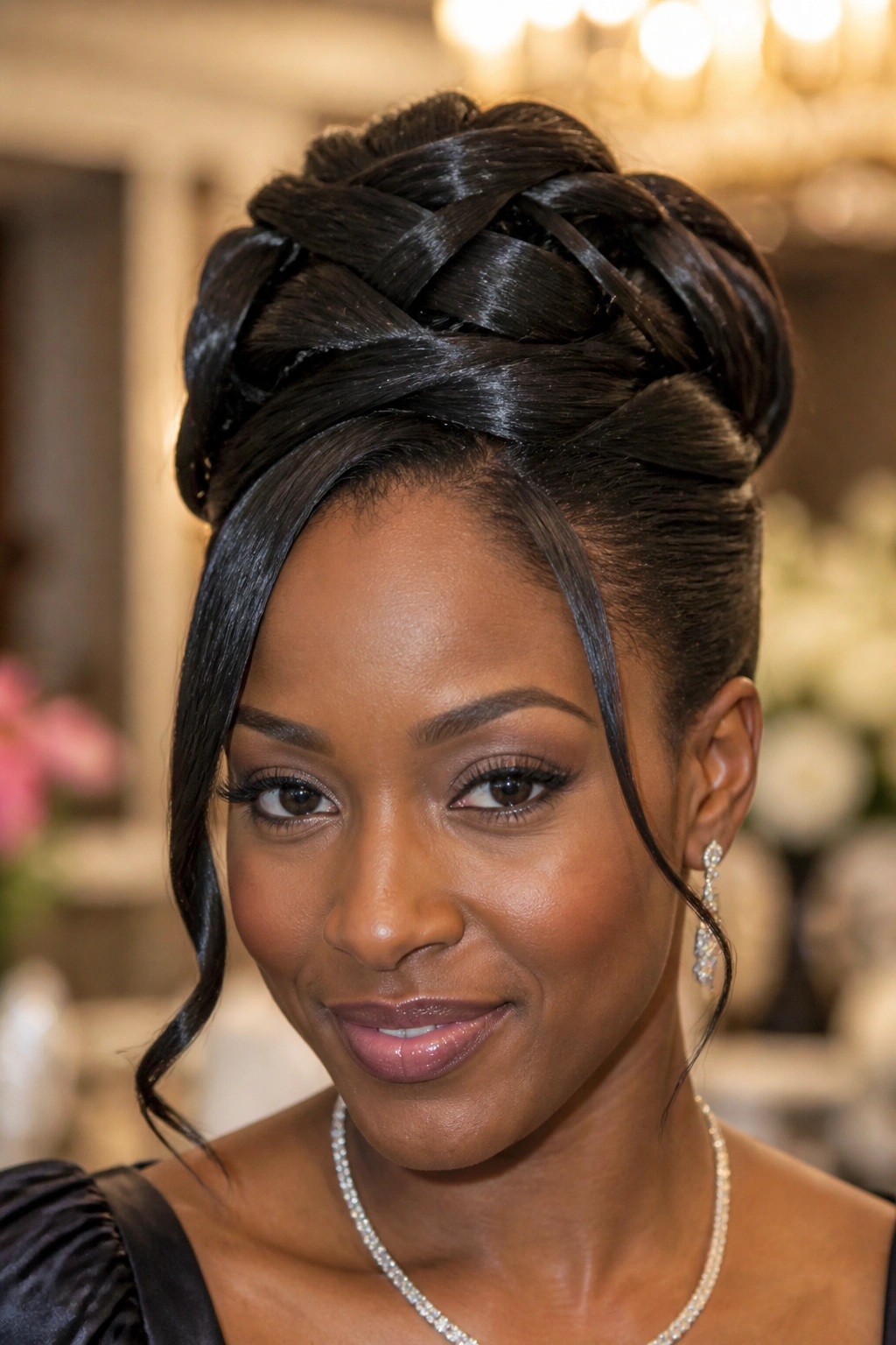 Close-up of a real woman with a criss-cross pinned updo