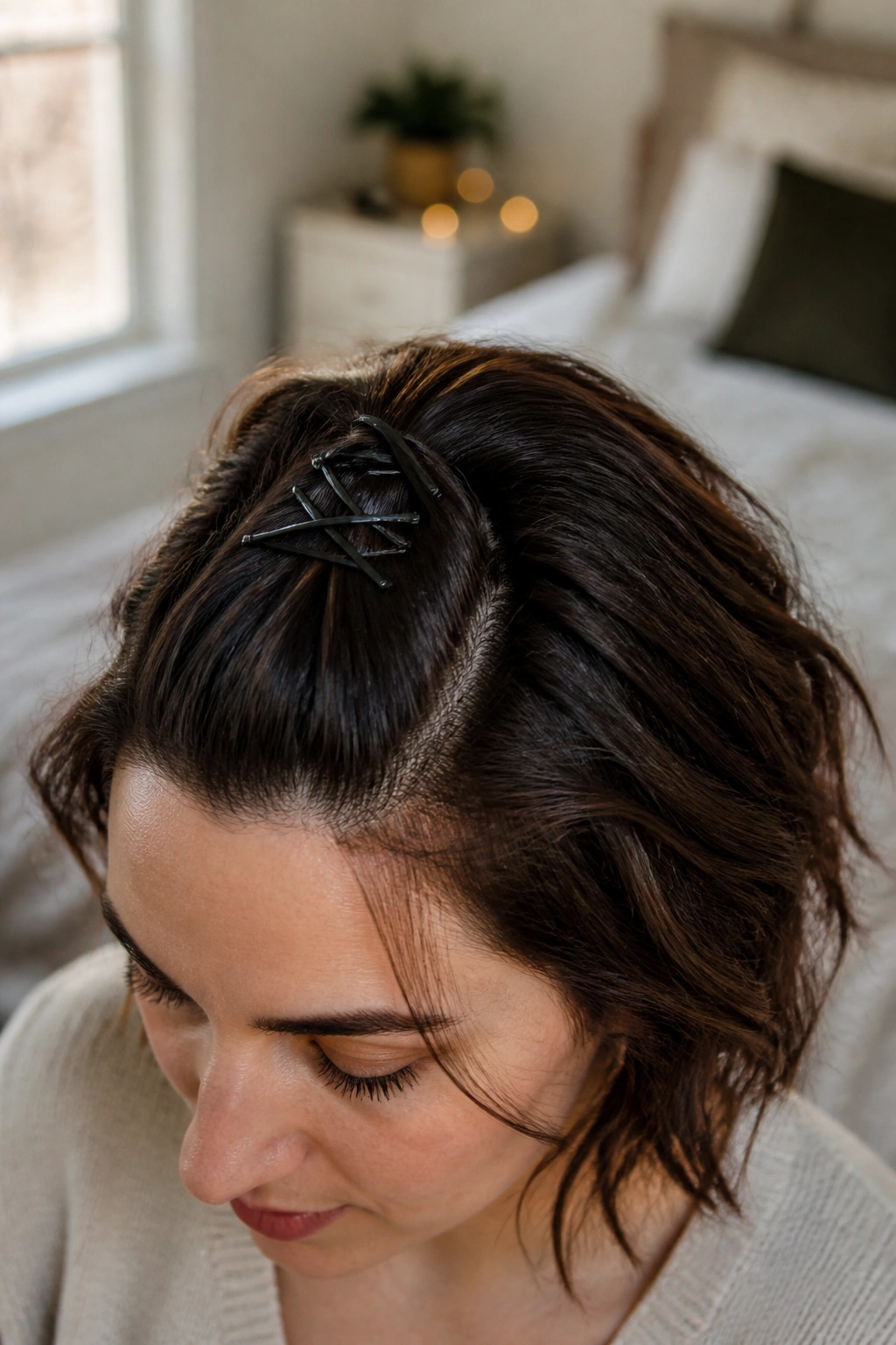 Close-up of a real woman's head with a crisscross pattern of bobby pins in a short hairstyle