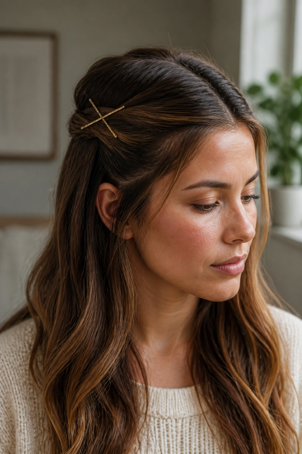 Close-up of a real woman with crisscrossed bobby pins half-up hairstyle
