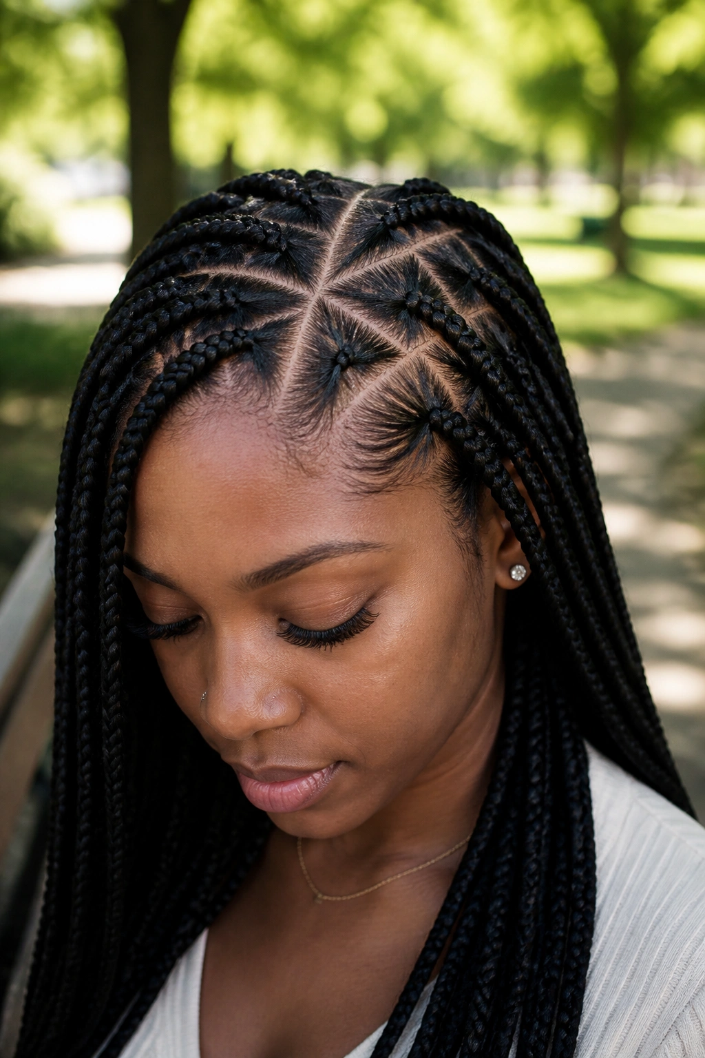 Close-up of a real woman with crisscross part box braids outdoors