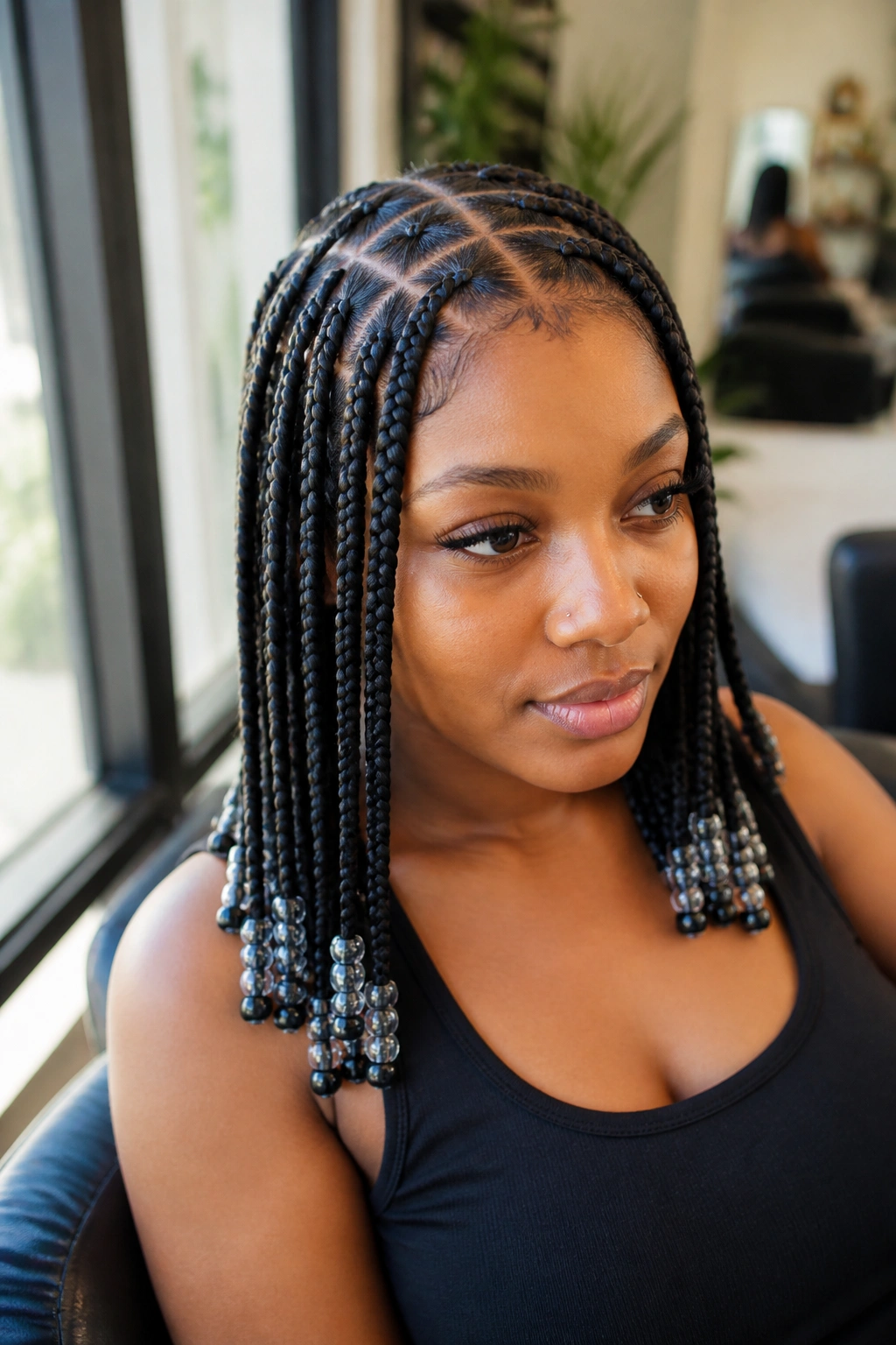 Close-up of a person with crisscross-part box braids and beaded tips in a softly lit salon