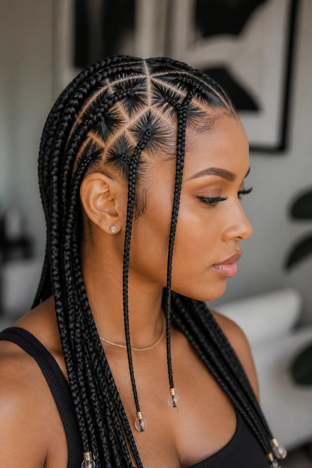 Crisscross cornrows with minimal beads on a real person in a modern space