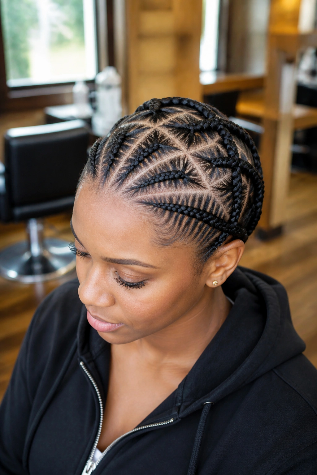 Close-up of a real woman's scalp with interlocking crisscross cornrows forming X-shaped patterns across the crown