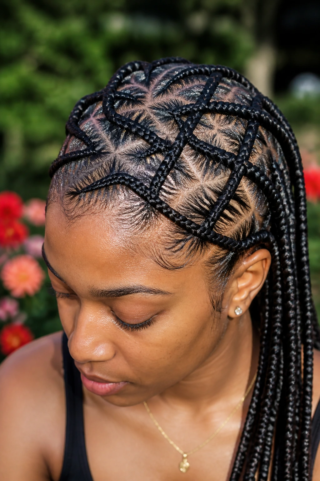 Close-up of crisscross cornrows pattern on the scalp.