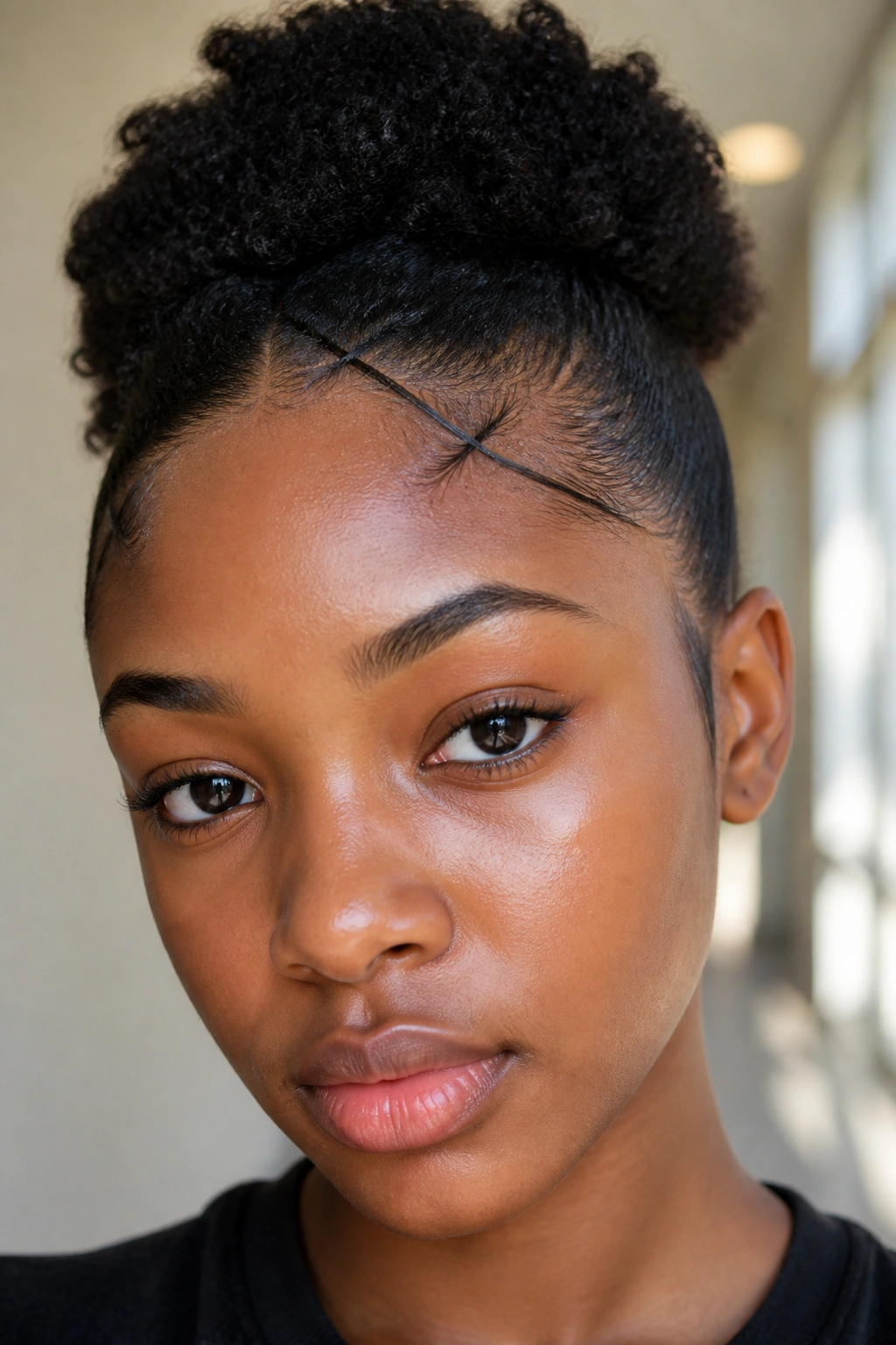Close-up of crisscross forehead hairlines forming an X on a real person