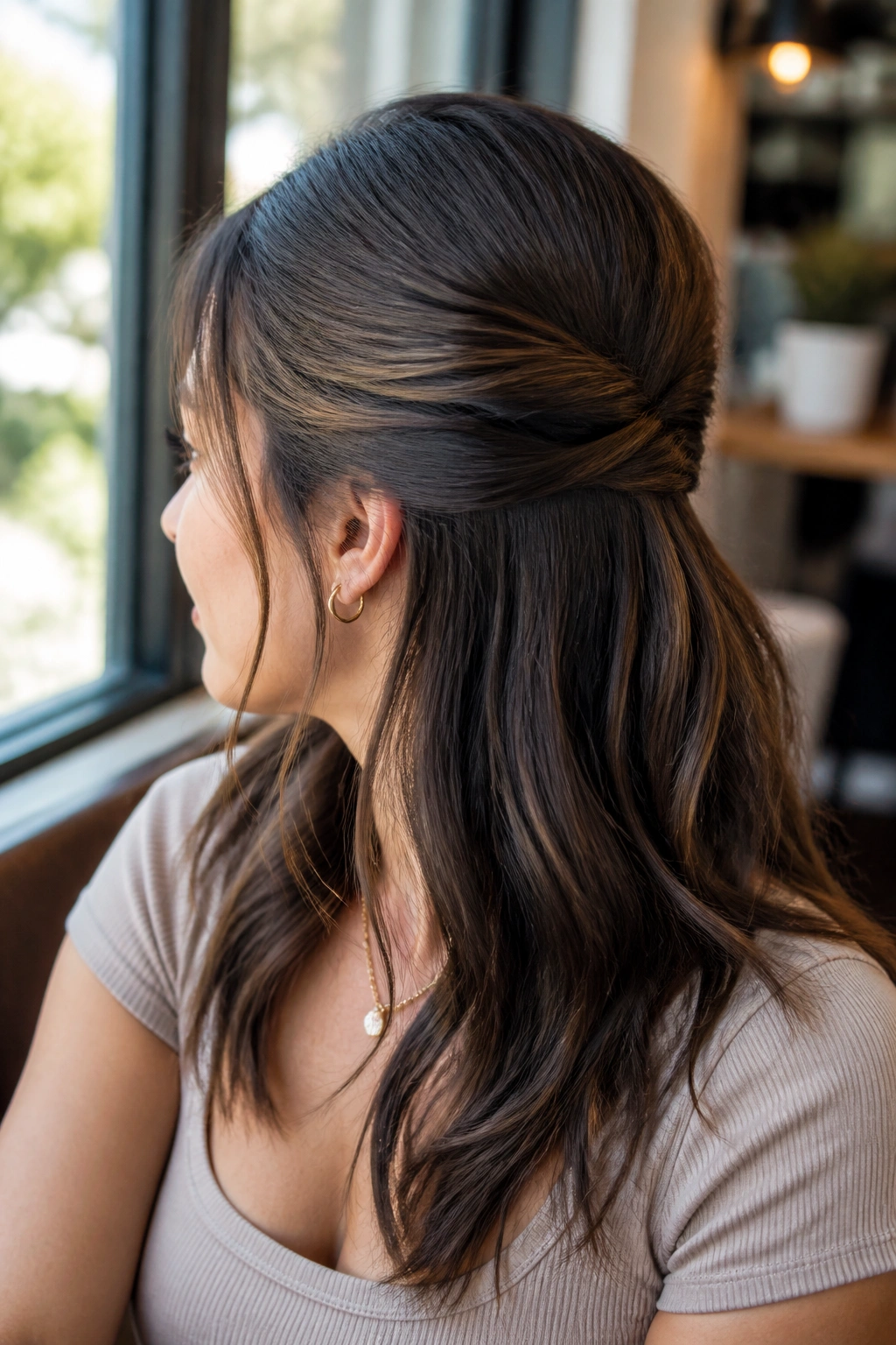 Close-up of a real woman with crisscrossed hair sections pinned at the back