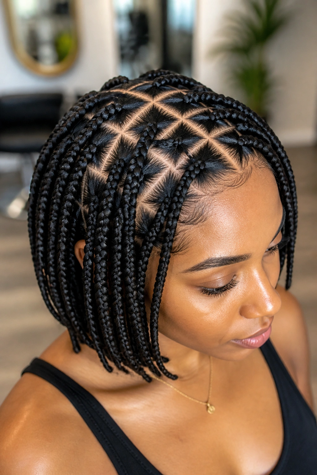 Close-up of a real woman with crisscross-part short box braids showing scalp pattern