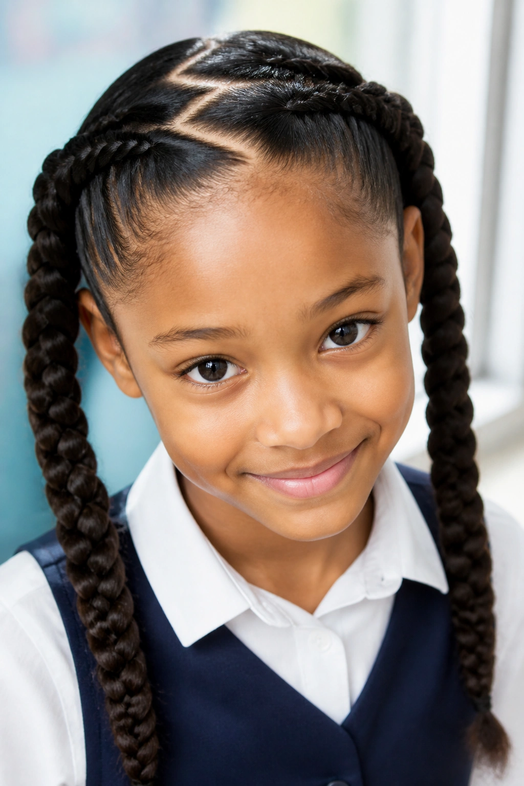Close-up of a real girl with crisscross parted pigtails showing a zigzag crown part