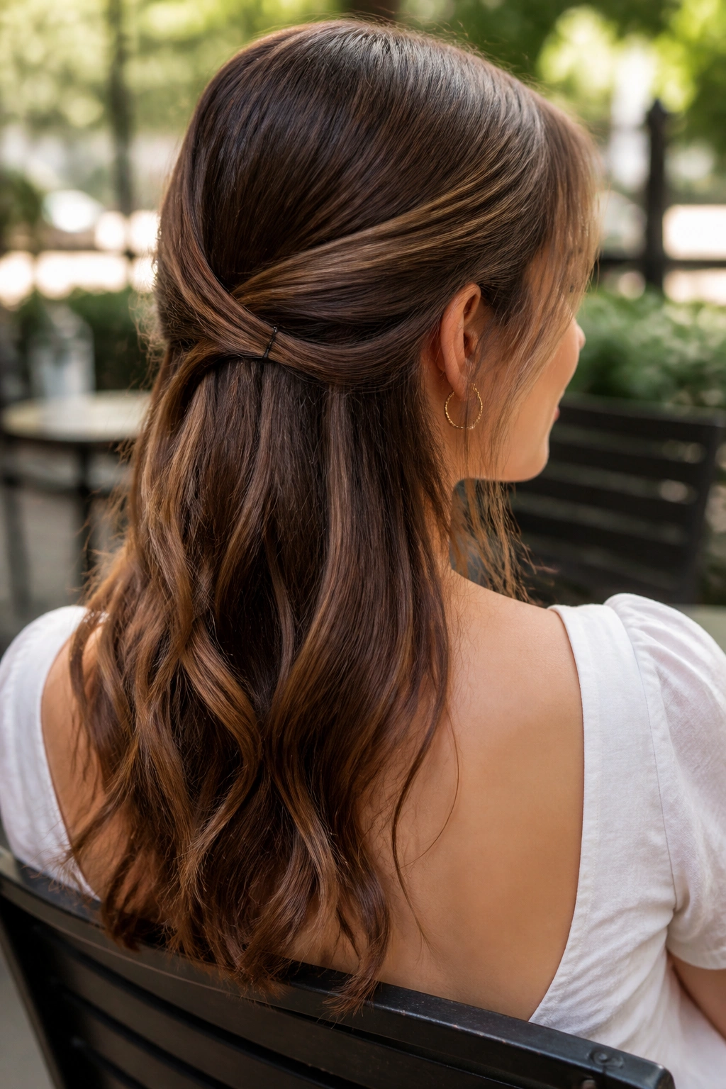 Portrait of real woman with crisscross pin-back hairstyle outdoors.