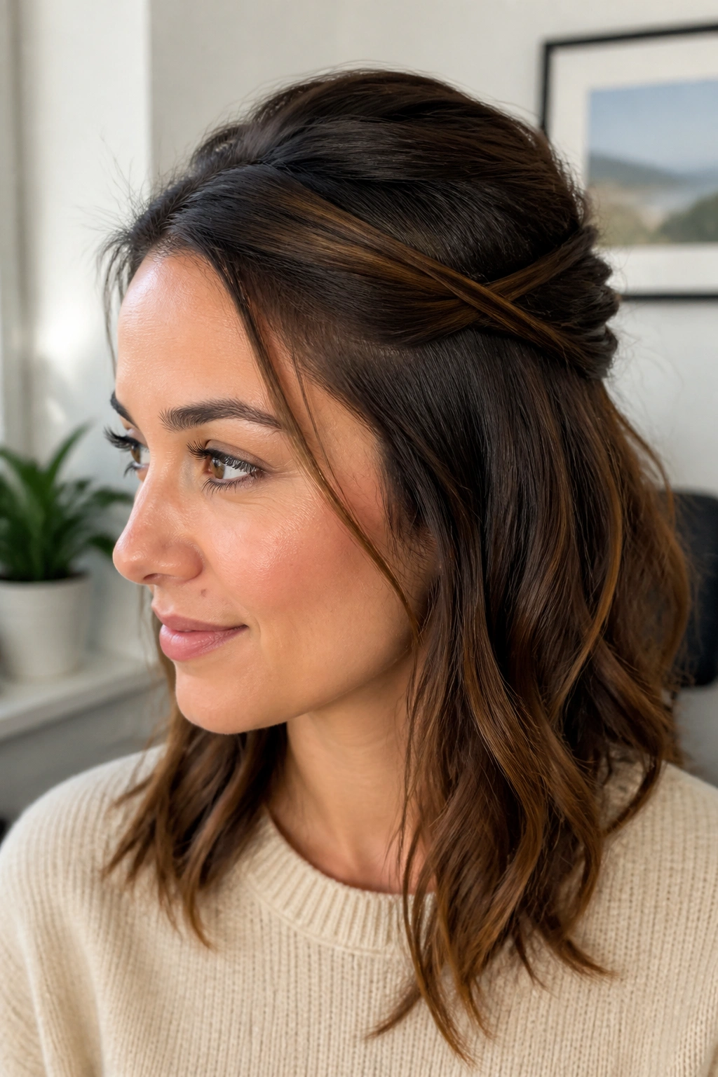 Real woman with crisscross pinback half updo showing small X behind the crown.