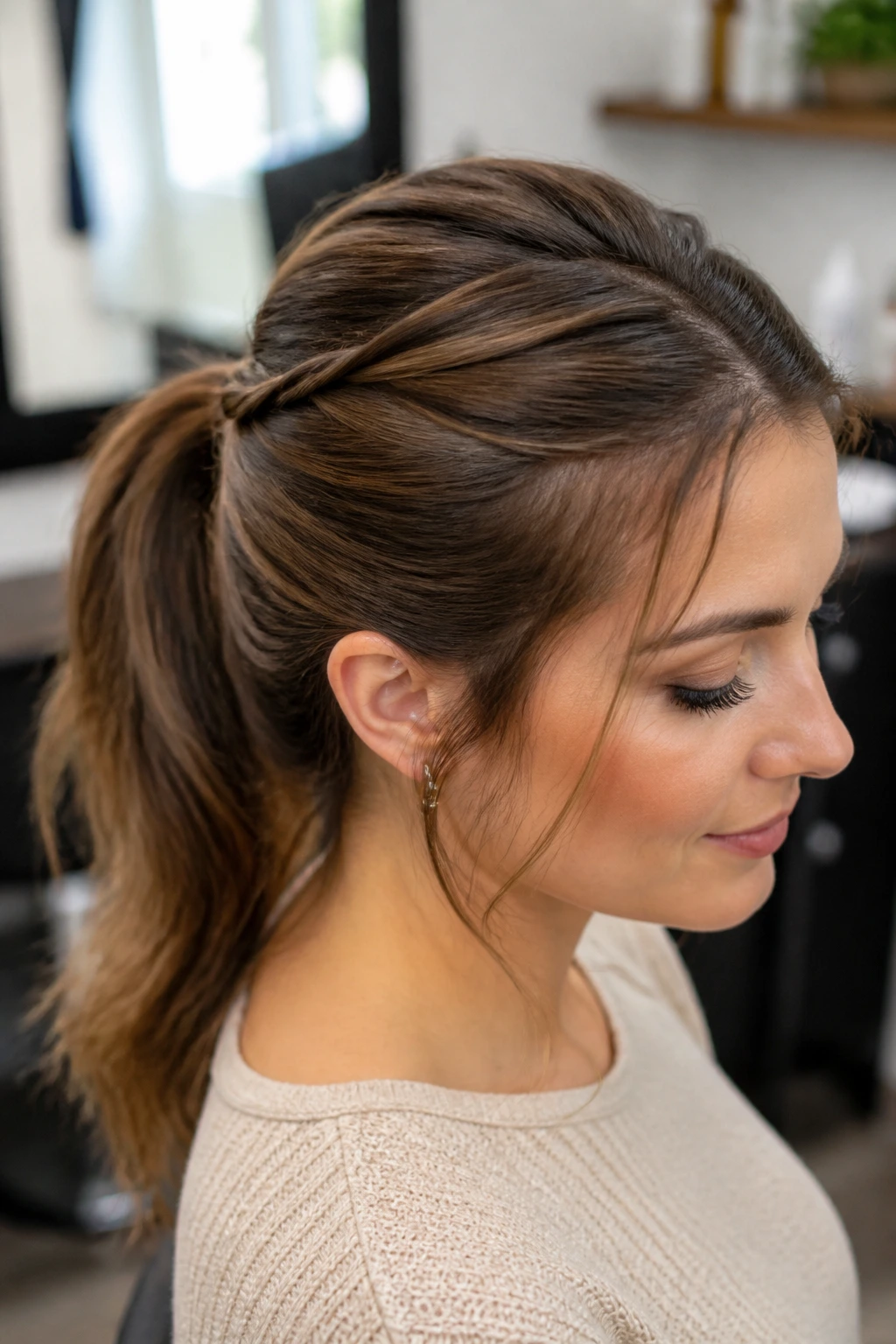 Portrait of a real woman with crisscross front sections forming a ponytail