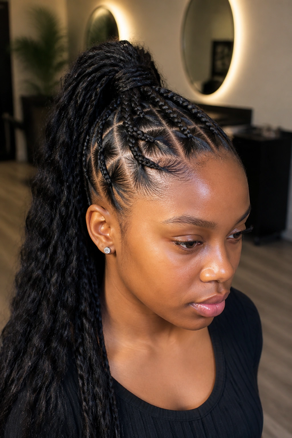 Close-up of a real woman with a crisscross stitch ponytail
