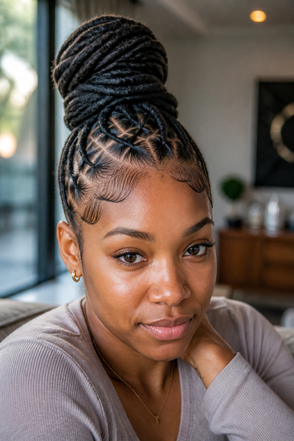 Portrait of a woman with a crisscross top knot and sleek edges