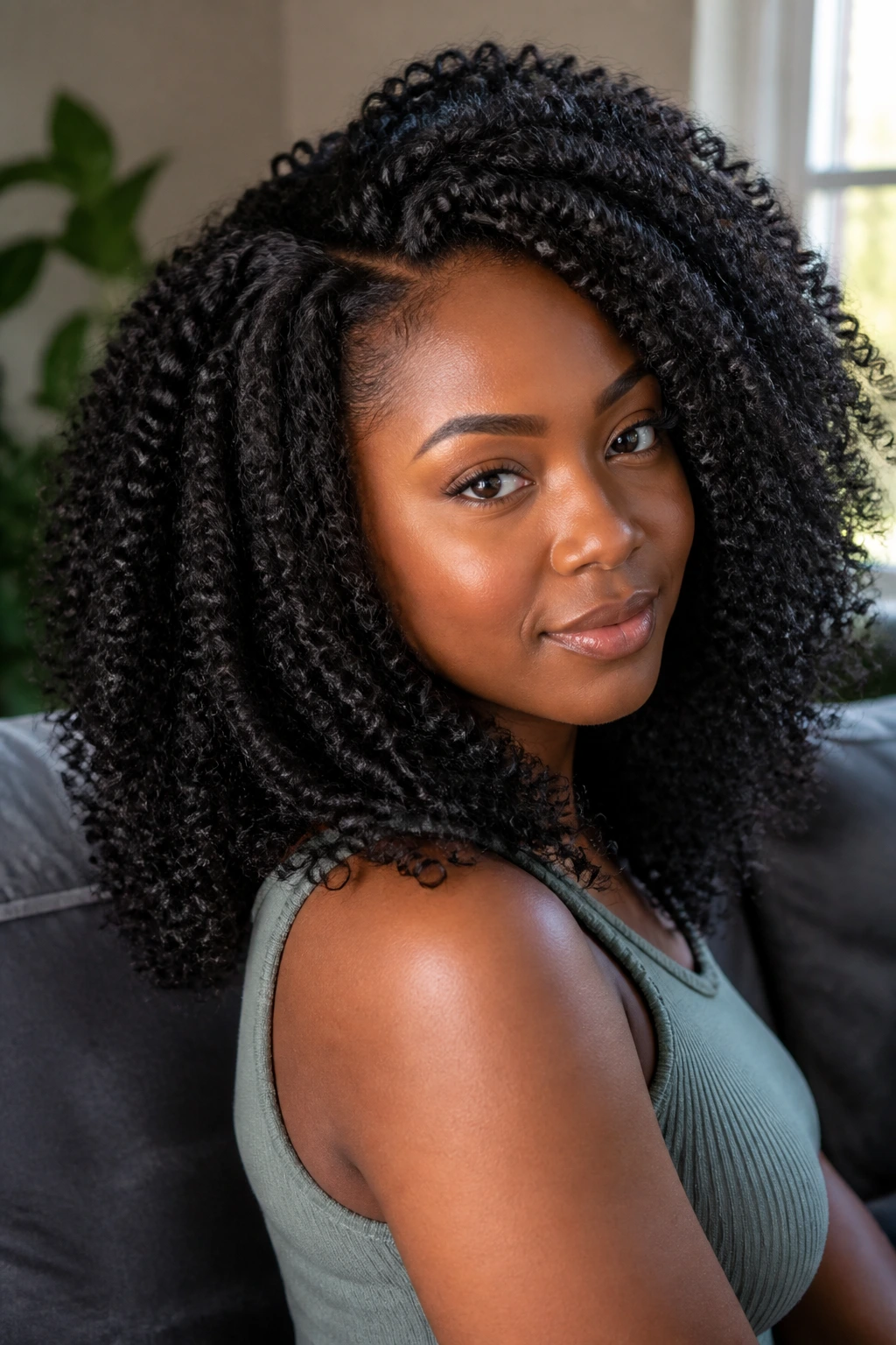 Close-up of crochet braids on a real woman with 4C hair in a cozy home setting