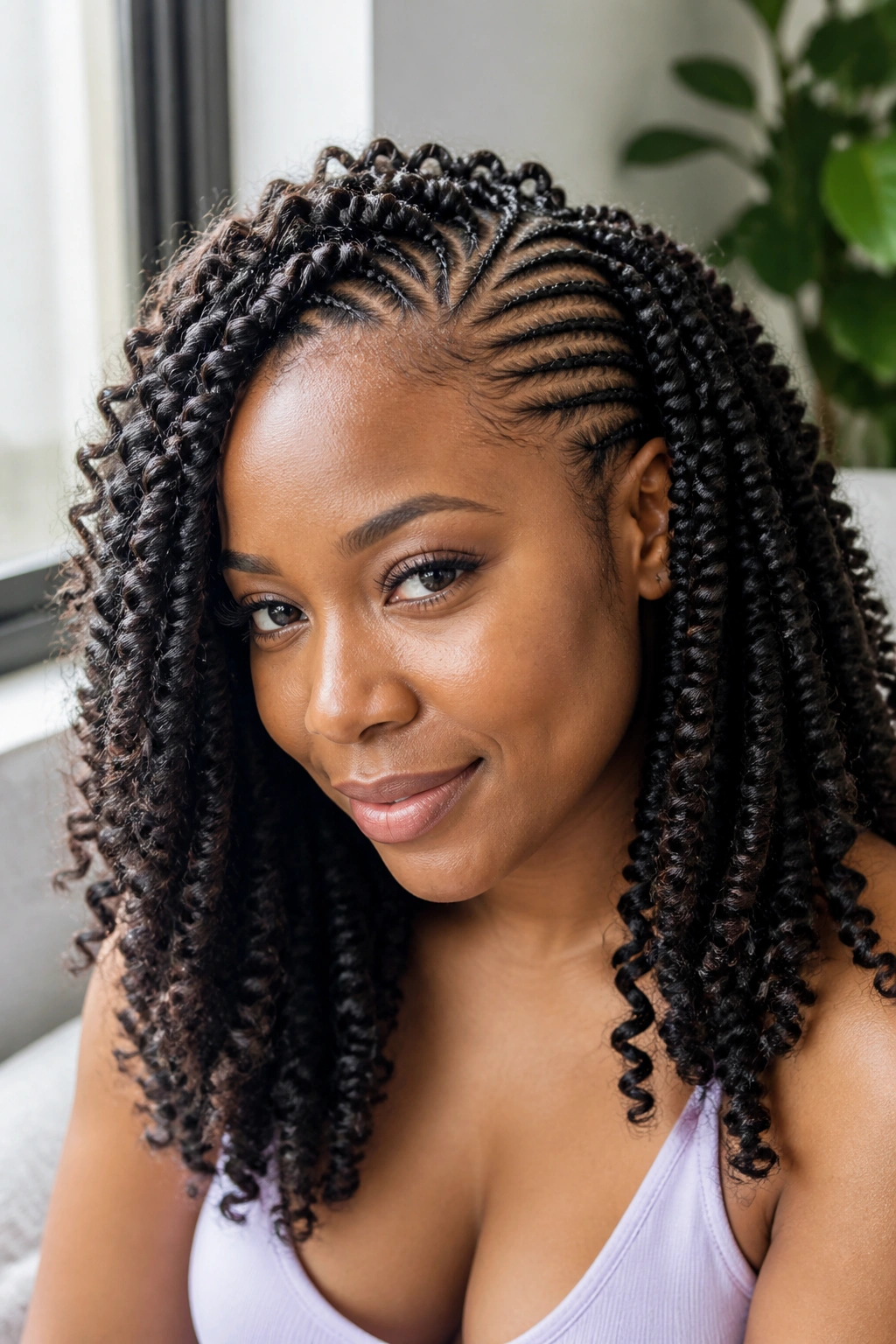 Close-up portrait of crochet braids with cornrow base on a real person