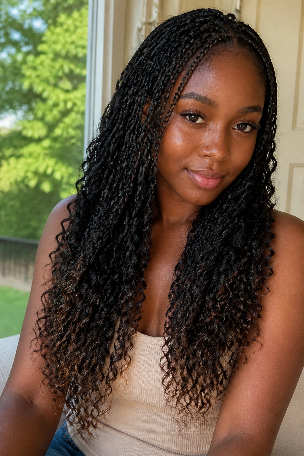 Close-up of a real person with long crochet braids featuring curly ends in natural light