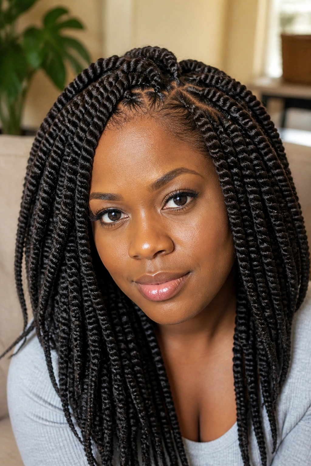 Portrait of a real woman sporting full crochet braids in a warm-lit room