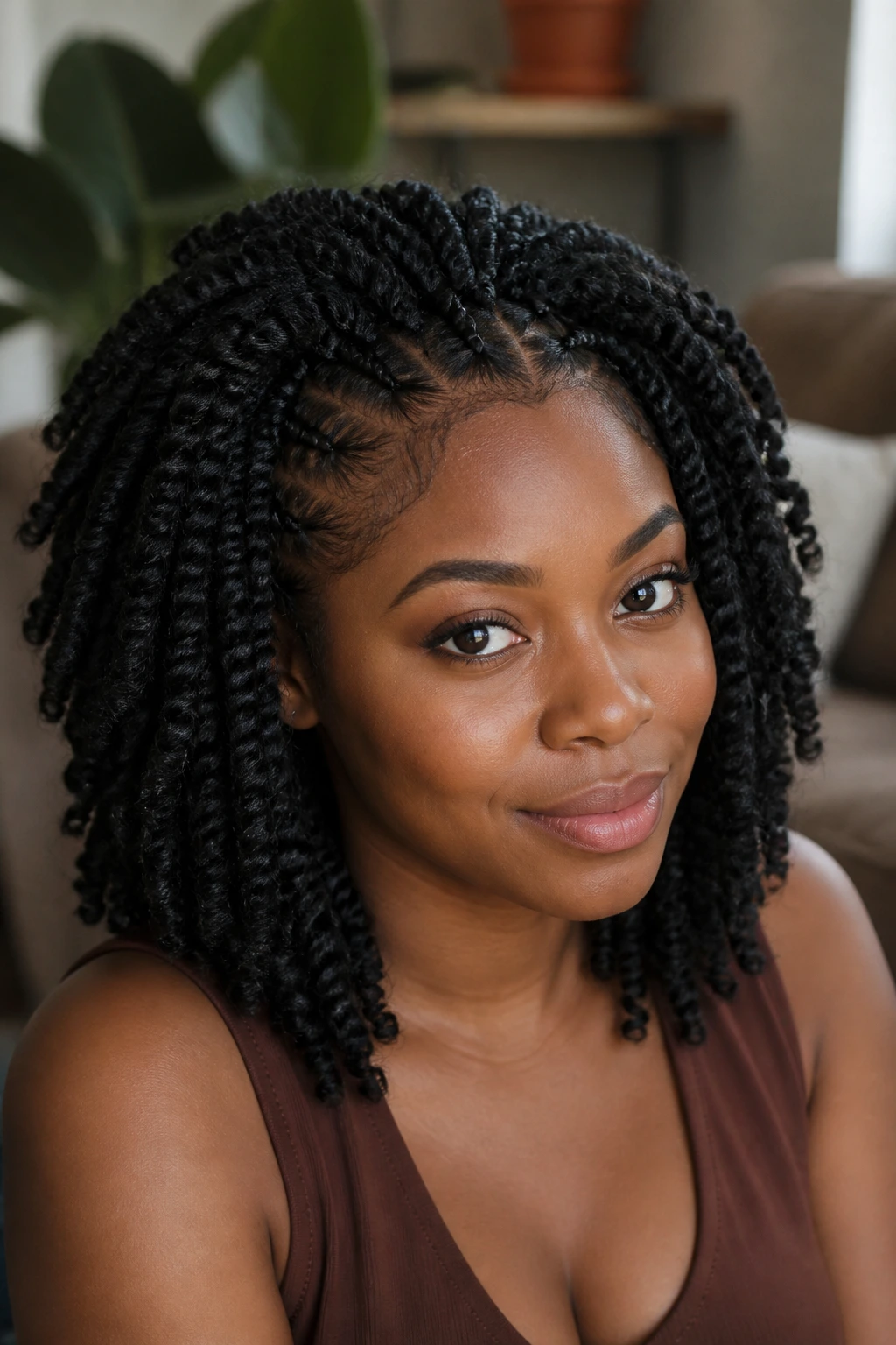 Crochet braids close-up portrait on a real person in a cozy living room