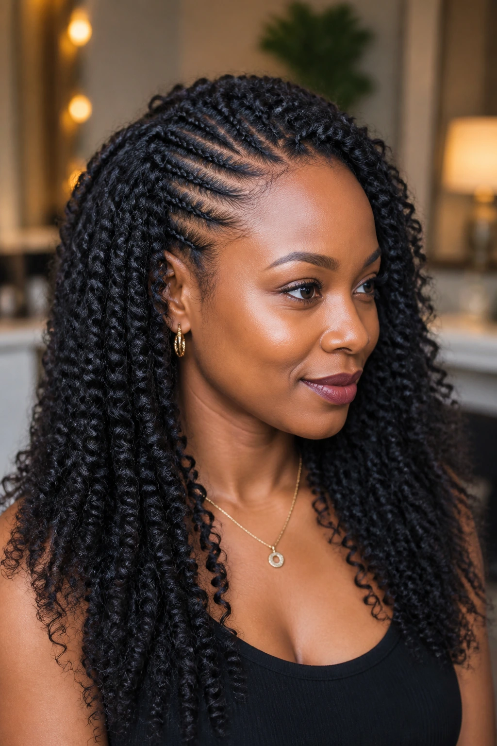 Close-up of a real woman with crochet braids starting from cornrows