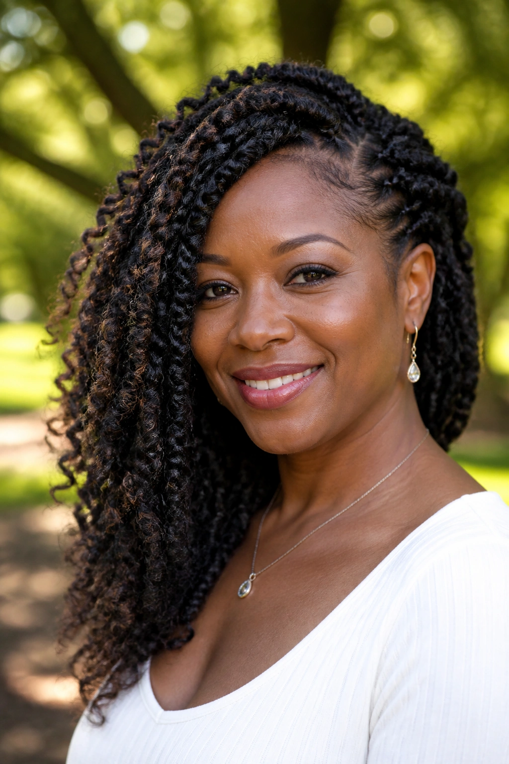 Real woman with side-swept crochet braids in park setting