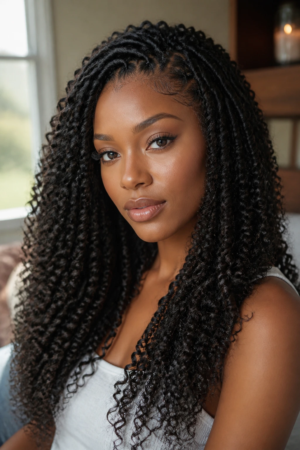 Close-up of a real woman with crochet braids.