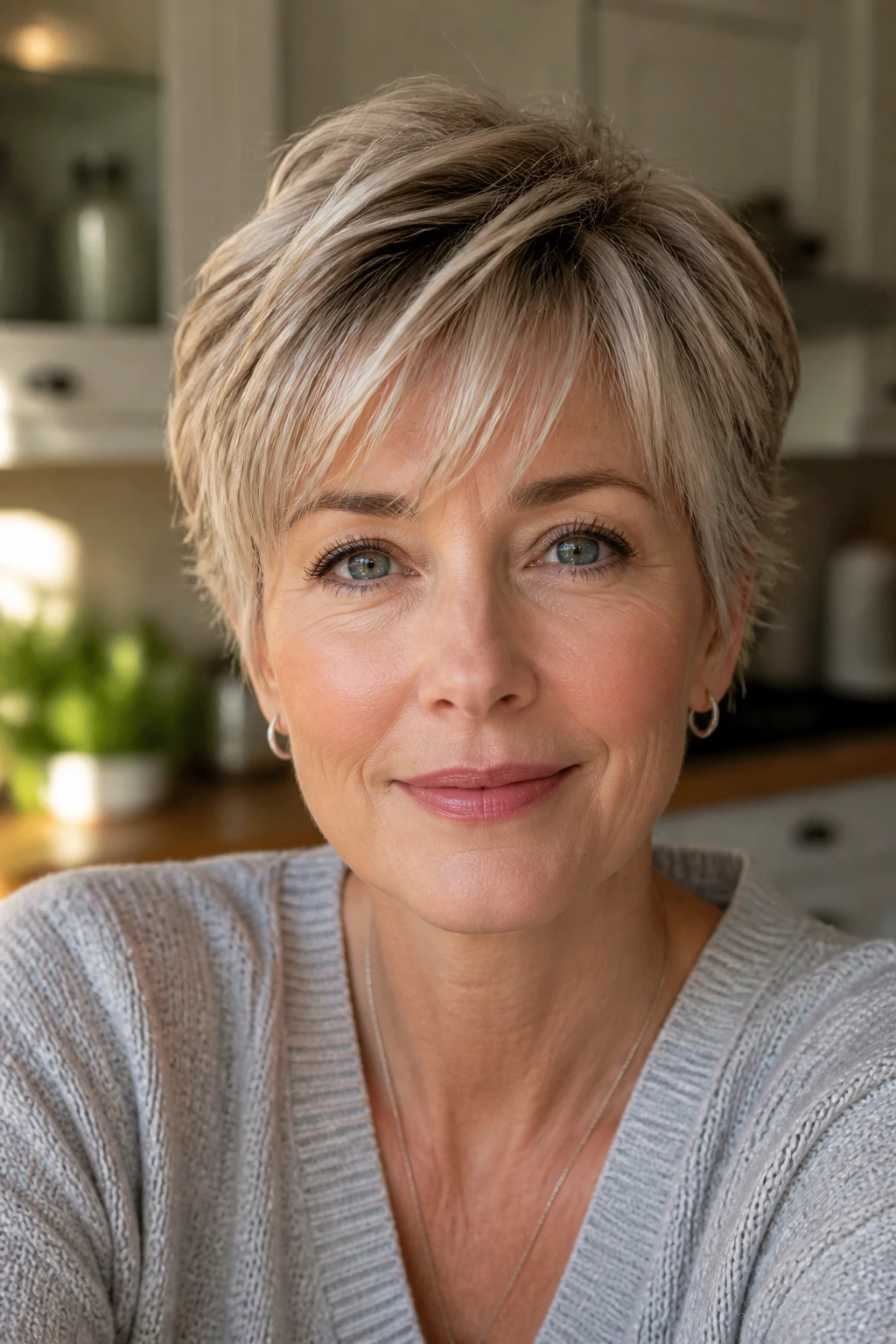 Close-up of a woman with crop with wispy bangs in sunlit kitchen